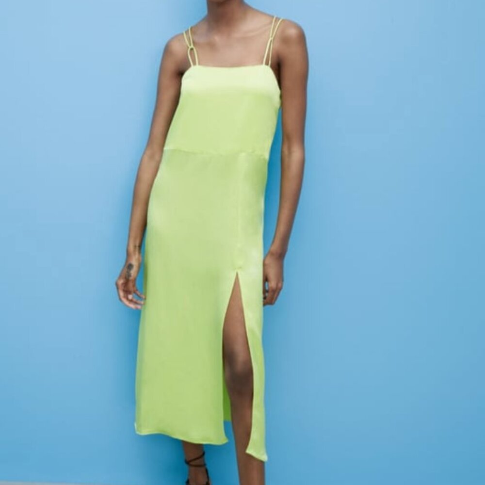 Zara Satin Lime Green Midi Dress